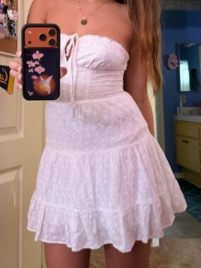 SHEIN White Strapless Eyelet Tie-Front Sundress